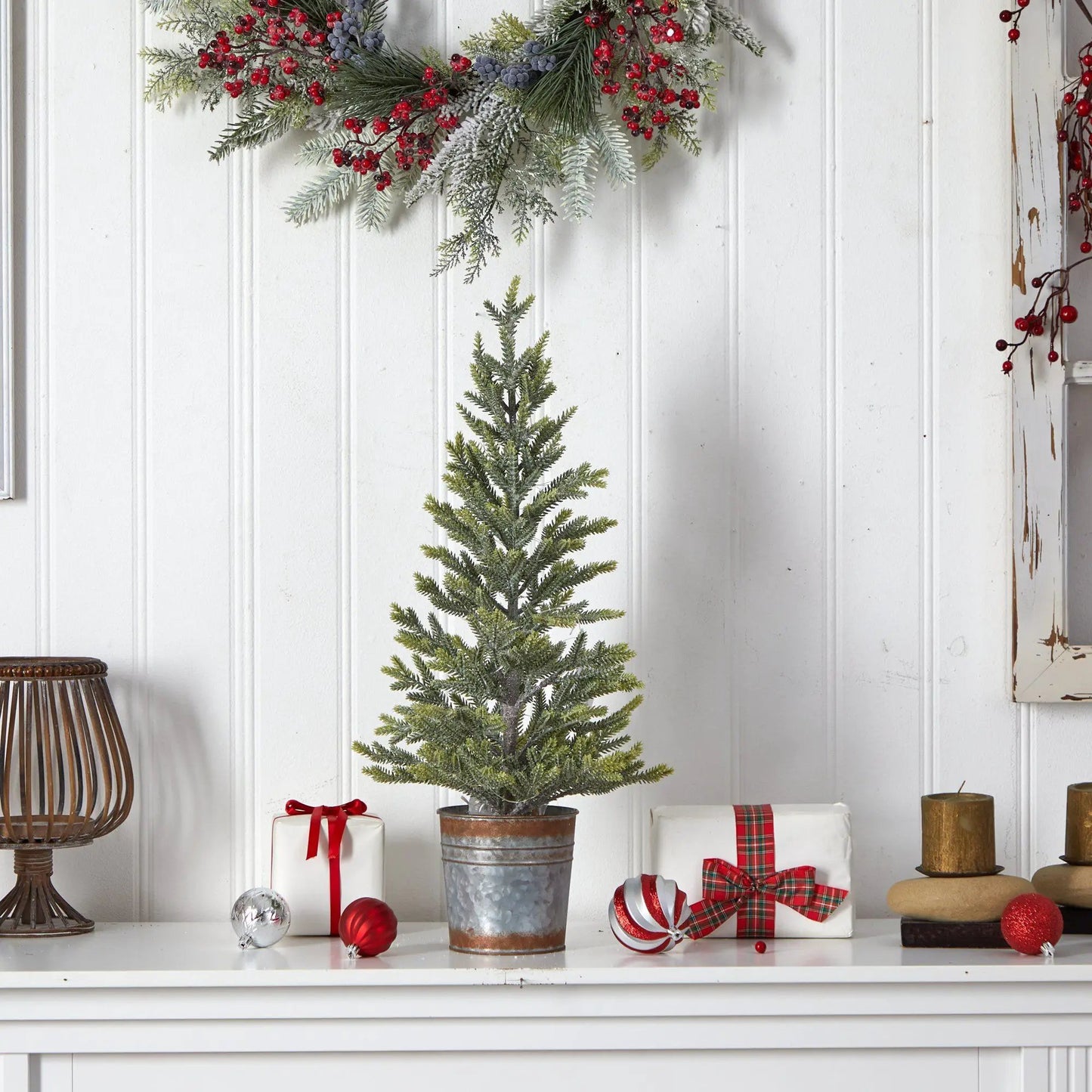 Nearly Natural 26 Pine Natural Look Artificial Christmas Tree with Lights in metal planter on Tampa Home & Garden Store