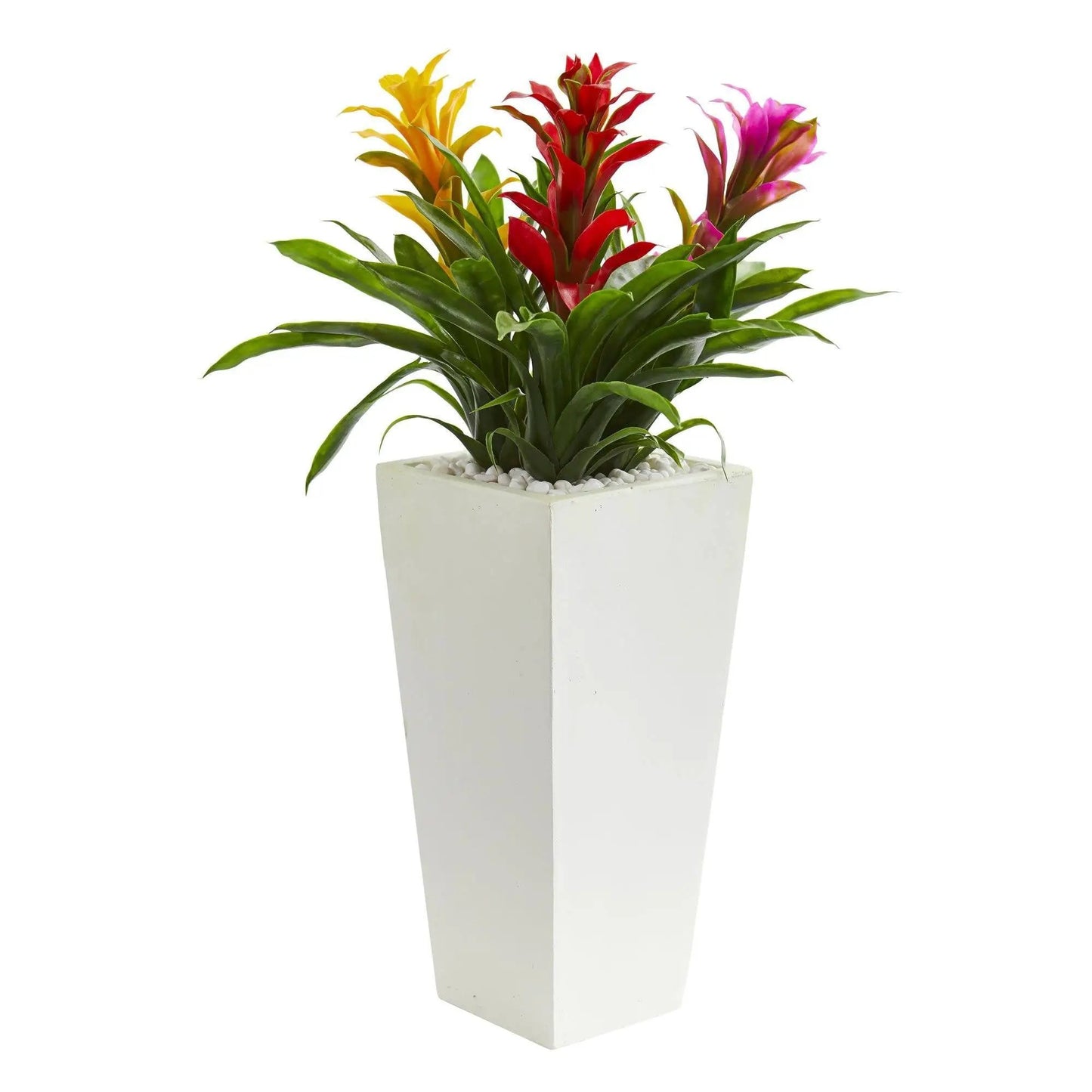 Triple bromeliad artificial plant in white tower planter with blooms by Nearly Natural on Tampa Home & Garden Store