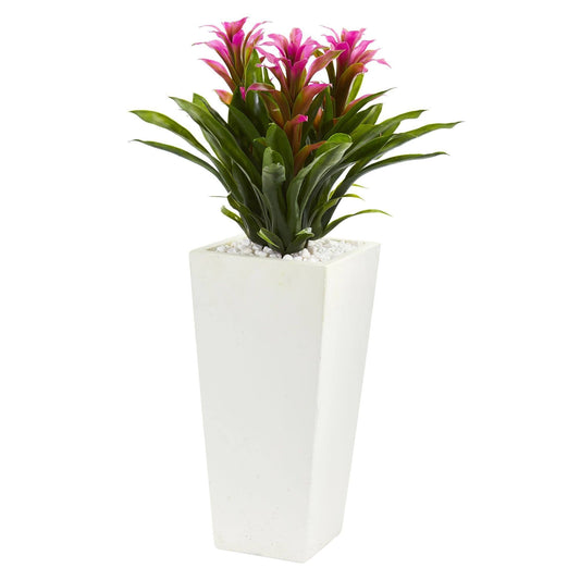 26” Triple Bromeliad Plant in White Tower Planter - Tampa Home & Garden Store