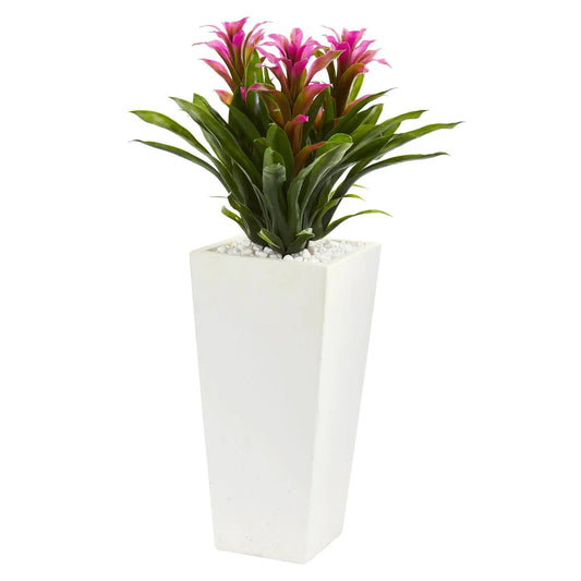 Triple Bromeliad Plant in White Tower Planter, artificial with pink blooms, Nearly Natural on Tampa Home & Garden Store