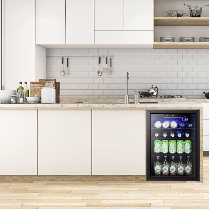 2.6 Cu.ft Wine Cooler/Cabinet Beverage Refrigerator in black with glass door, holds bottles and cans on Tampa Home & Garden Store