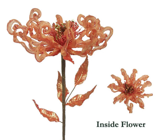 26-inch orange fantasy mum stem with curly petals and two blooms, silk for arrangements on Tampa Home & Garden Store