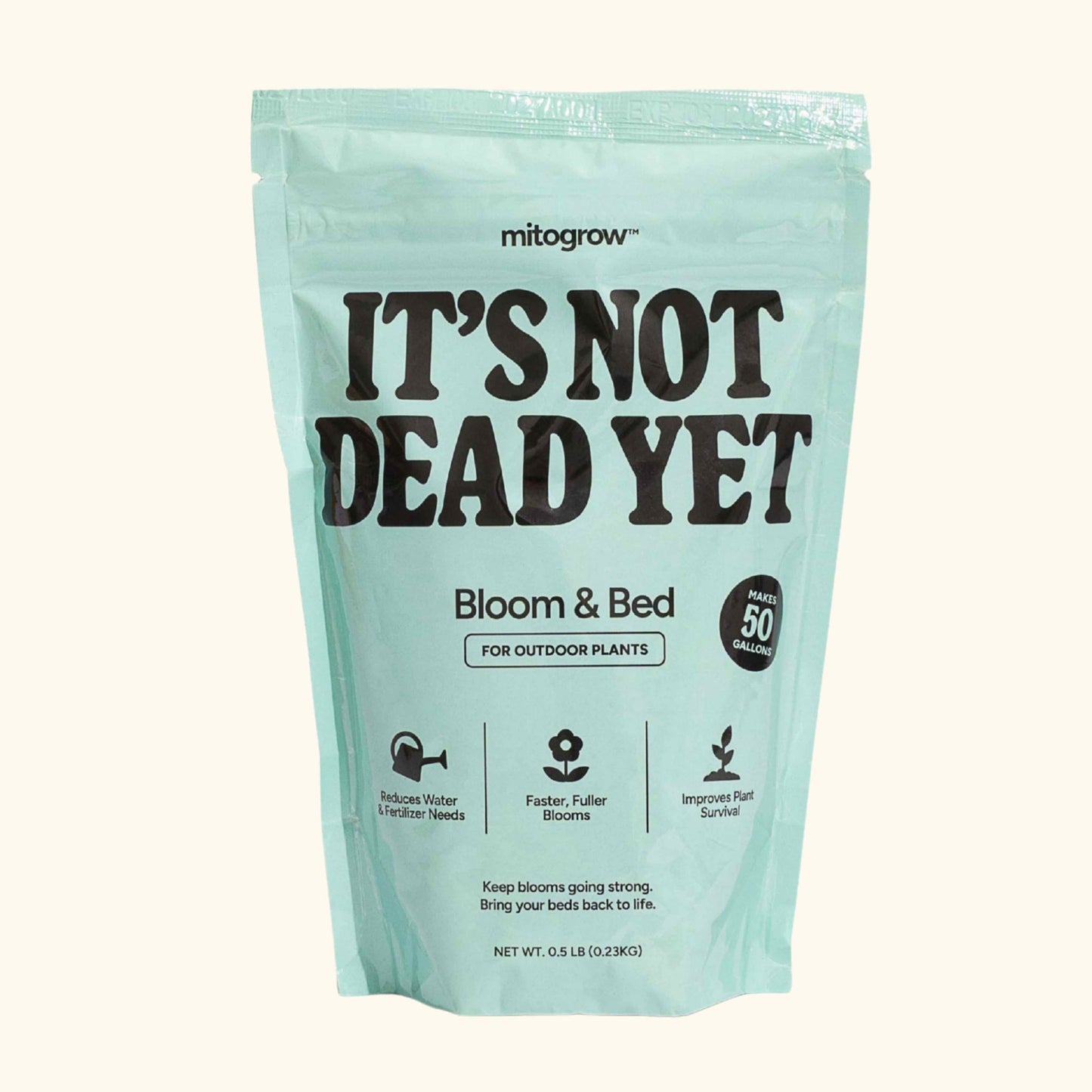 MitoGrow Bloom & Bed fertilizer bag by Live Good Logistics, teal packaging on Tampa Home & Garden Store