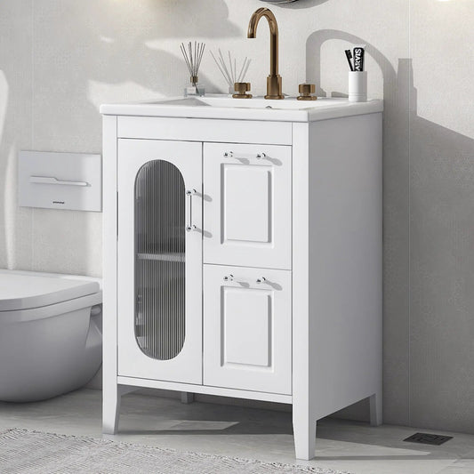 White 24-inch bathroom vanity with sink, two drawers and glass-front cabinet, bronze faucet on Tampa Home & Garden Store