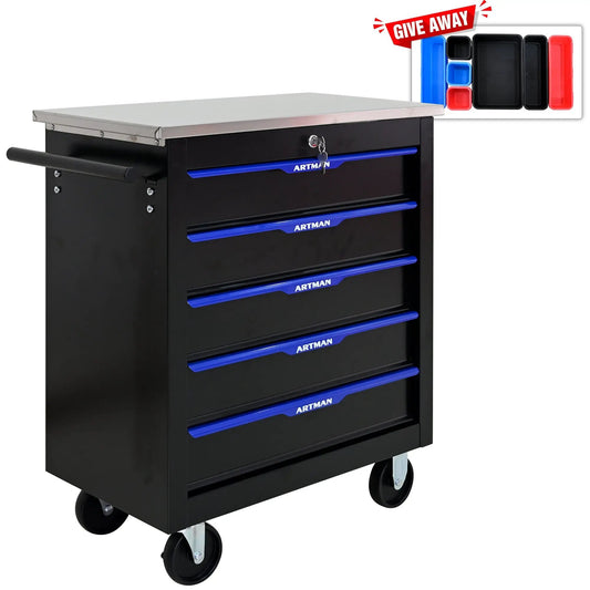 5-drawer rolling tool cart black with blue front drawers, silver top, ARTMAN branding on Tampa Home & Garden Store
