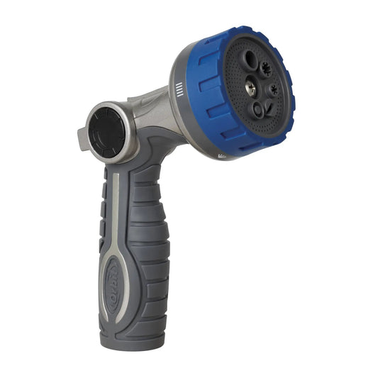 Heavy-Duty Six Pattern Zinc Thumb-Control Nozzle Orbit Irrigation hose nozzle with blue ring on Tampa Home & Garden Store