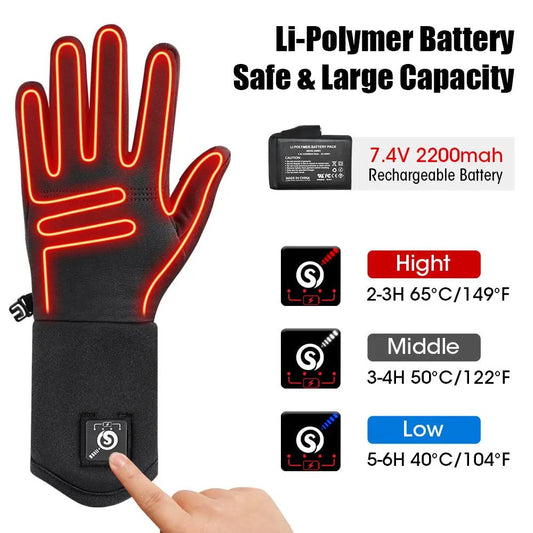 Winter heated ski glove for men and women, black with red heat lines and visible battery pack on Tampa Home & Garden Store