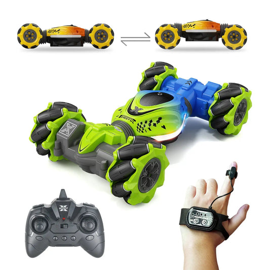 Green mini stunt twister RC car with oversized neon wheels and two remotes on Tampa Home & Garden Store