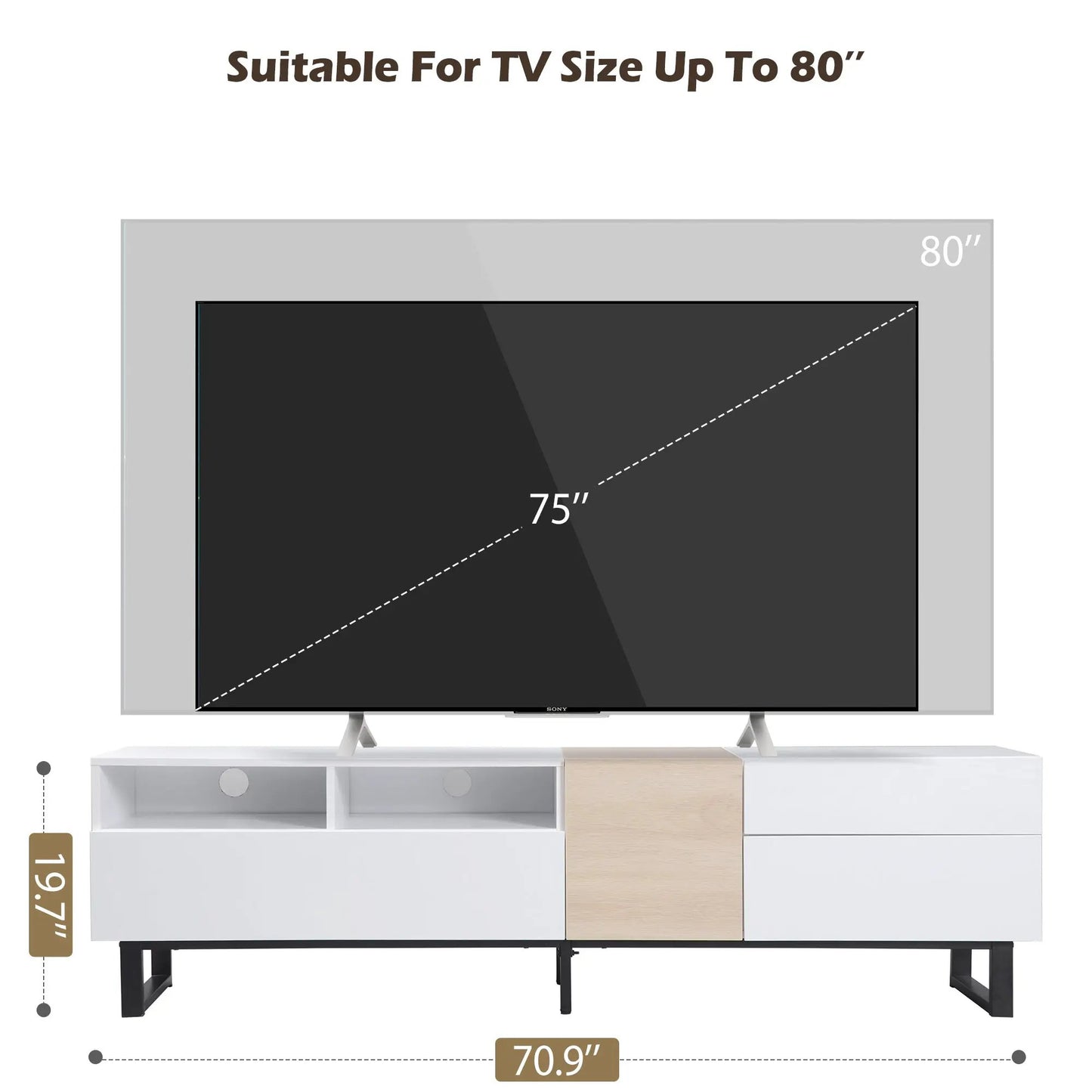 TV stand for 80 inch TV with double storage in white and natural wood accents on Tampa Home & Garden Store