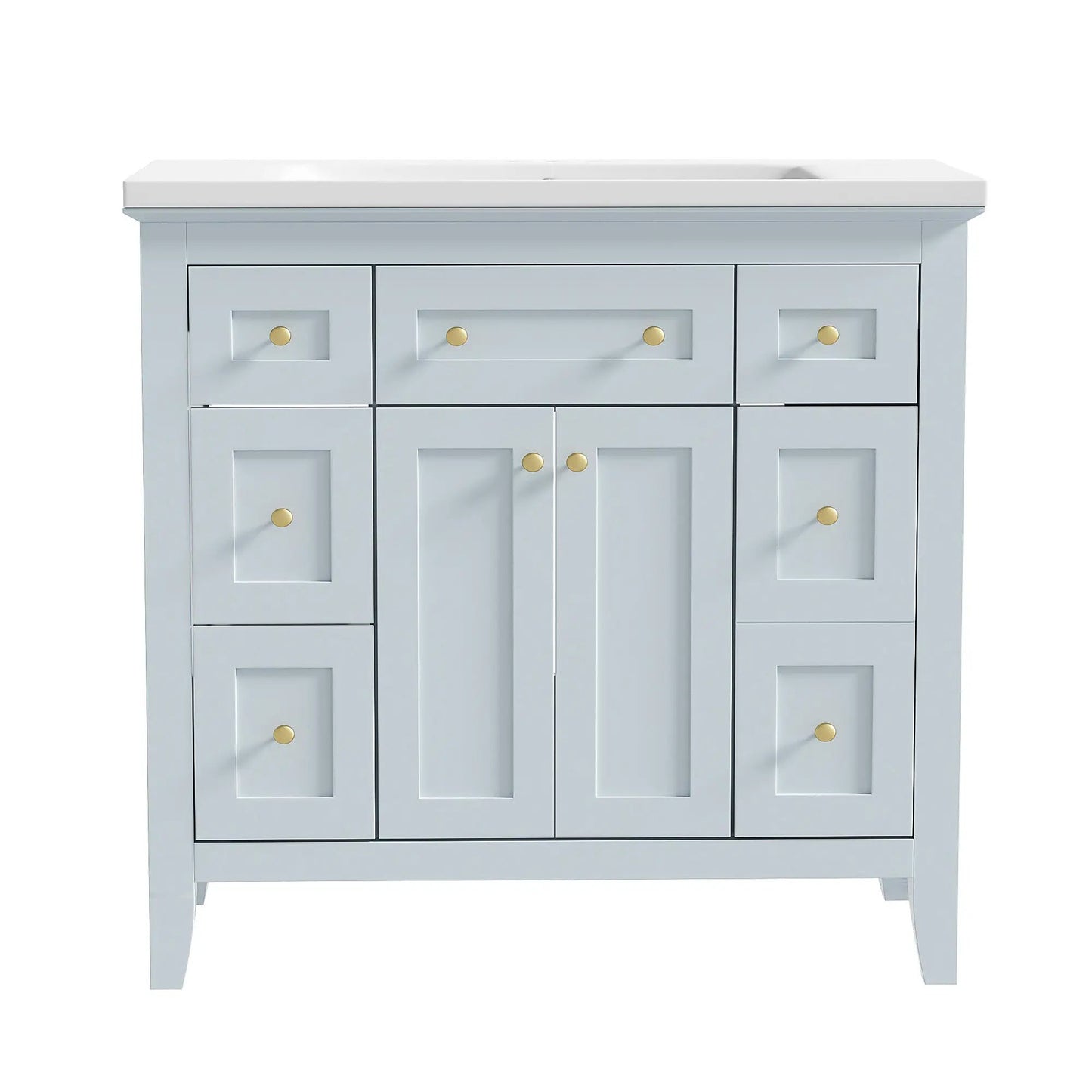 36-inch vanity with resin sink in light blue, gold knobs, drawers on Tampa Home & Garden Store