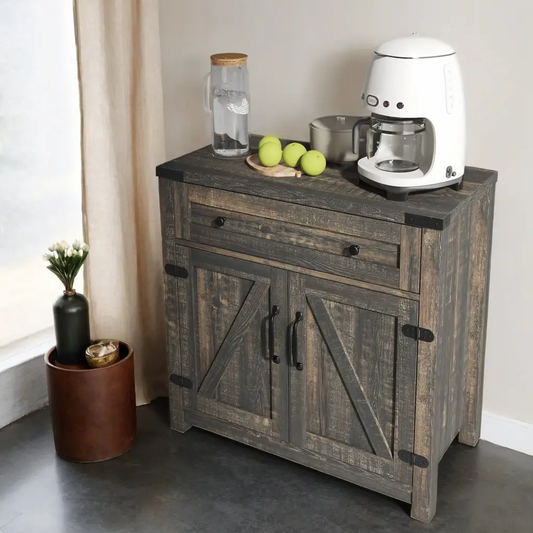Modern Farmhouse Double Barn Door Accent Cabinet in dark rustic wood with X-panel doors on Tampa Home & Garden Store