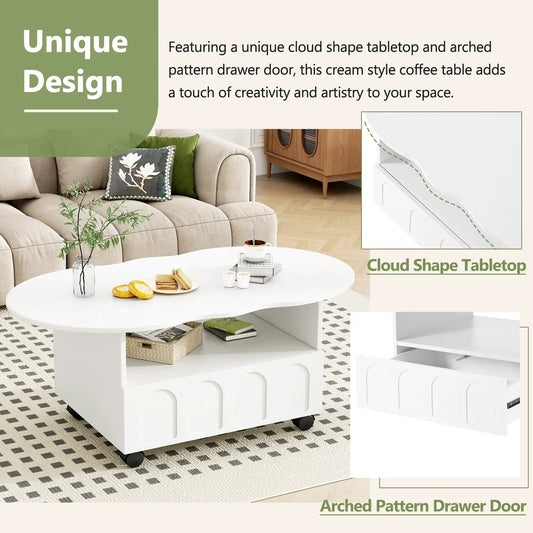 On-Trans Cream Style Coffee Table with Drawers, white board, arched fronts, on casters on Tampa Home & Garden Store