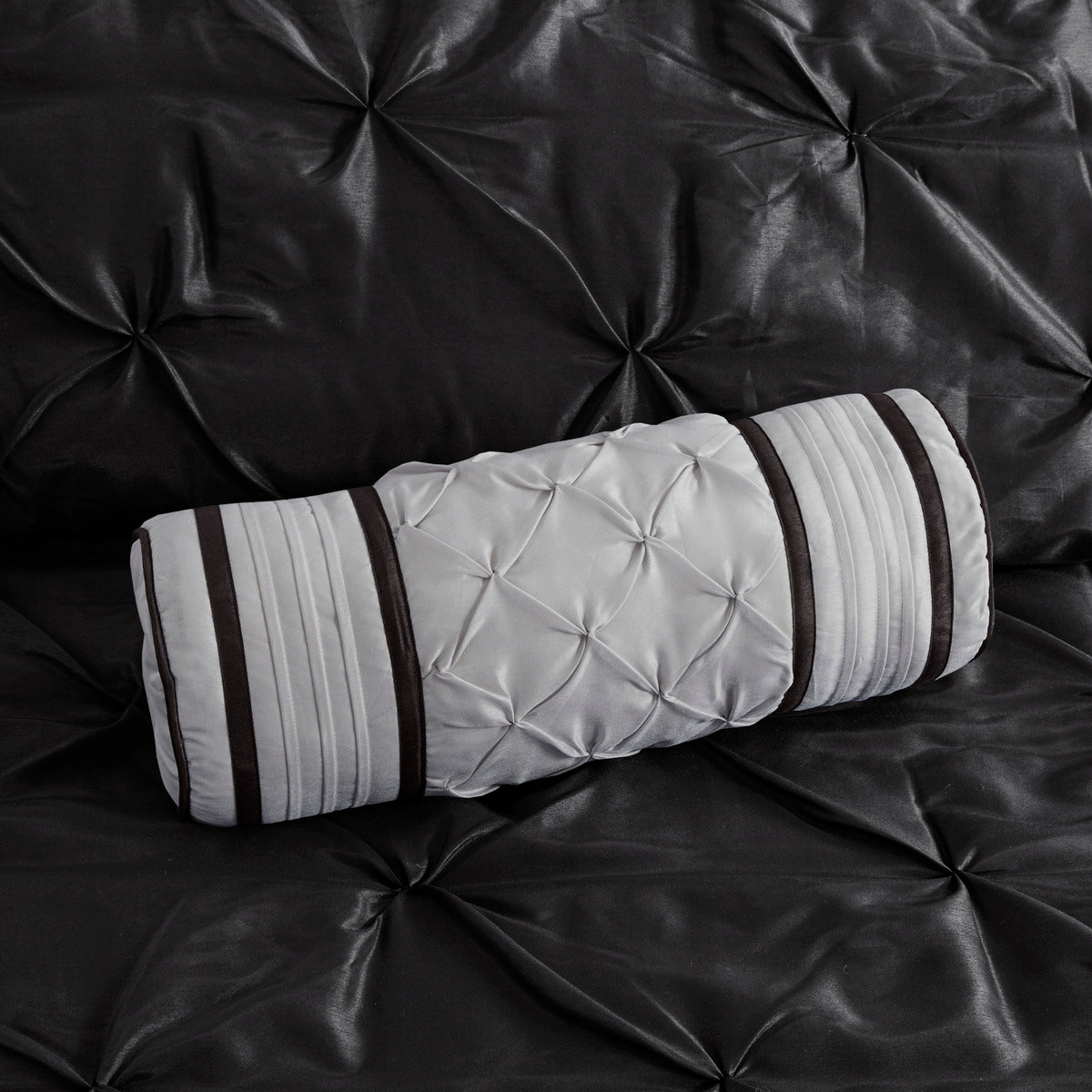 7 Piece Tufted Comforter Set Black Queen gray cylindrical bolster with diamond tufting and brown bands on Tampa Home & Garden Store