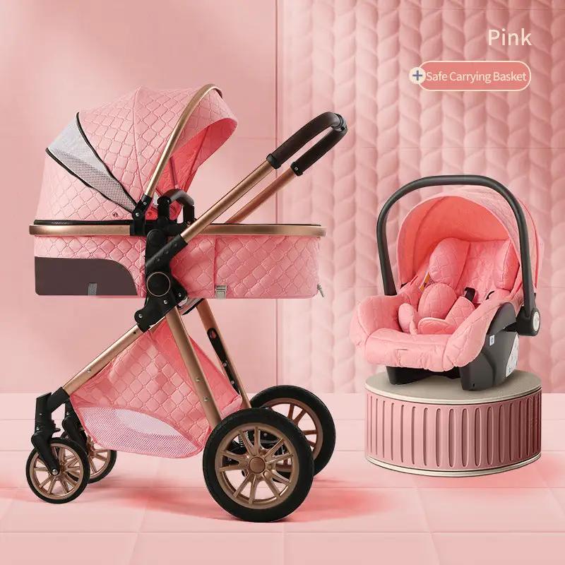 Pink high landscape baby stroller with quilted bassinet and car seat, tan frame, 2-piece set on Tampa Home & Garden Store