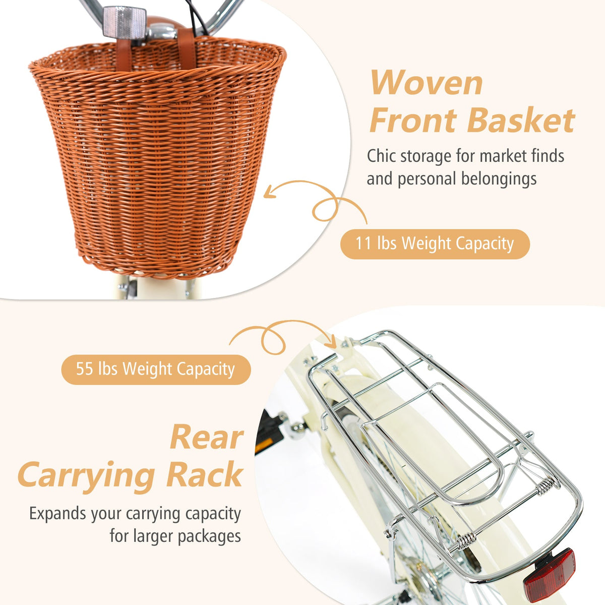 DirectDeals 24/26 Inch Beach Cruiser Bike with woven front basket and rear rack on Tampa Home & Garden Store