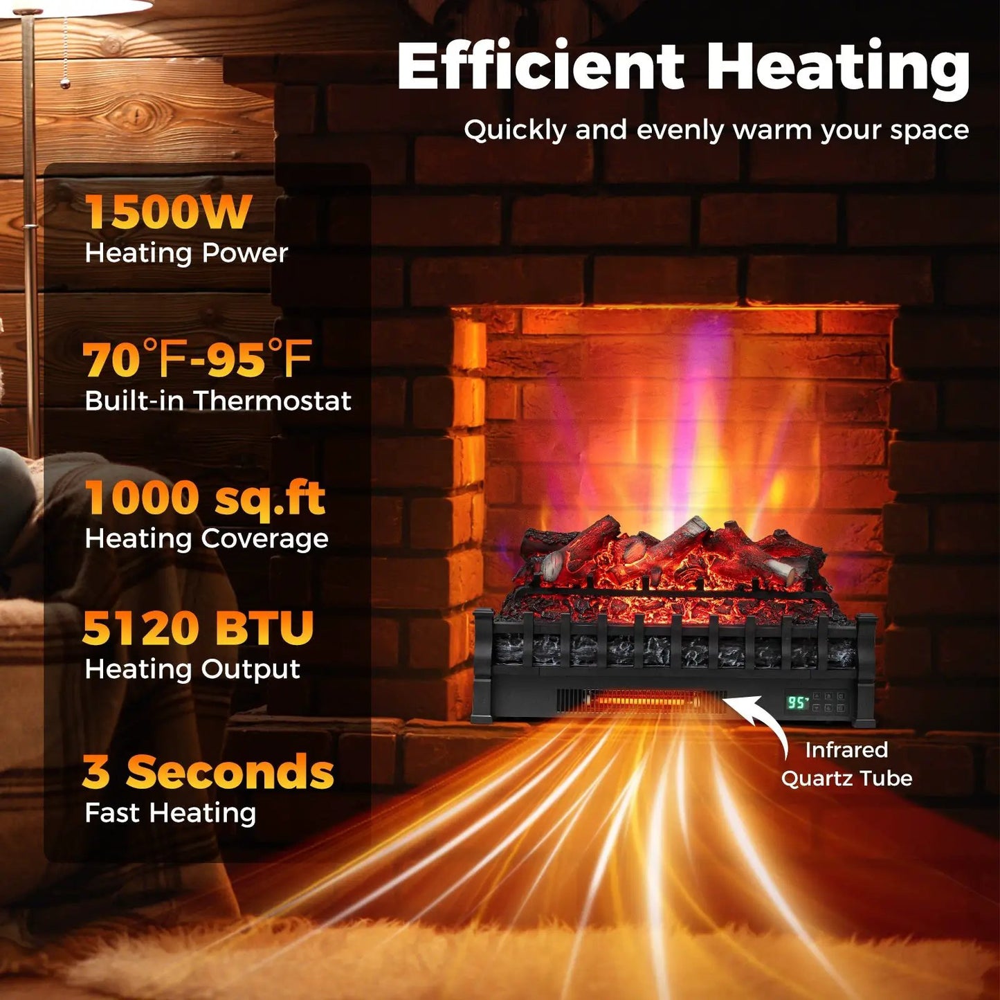 26 Inch WiFi infrared quartz electric fireplace DirectDeals black with realistic logs on Tampa Home & Garden Store