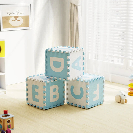 ABC interlocking foam play mats with detachable letters, 26-piece set, 3 blue and white blocks on Tampa Home & Garden Store