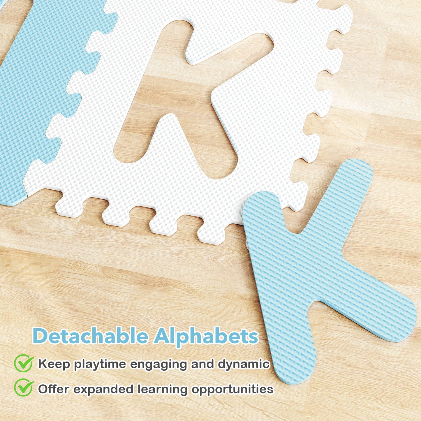26-piece ABC play mats with detachable letters, white and blue interlocking foam tiles on Tampa Home & Garden Store
