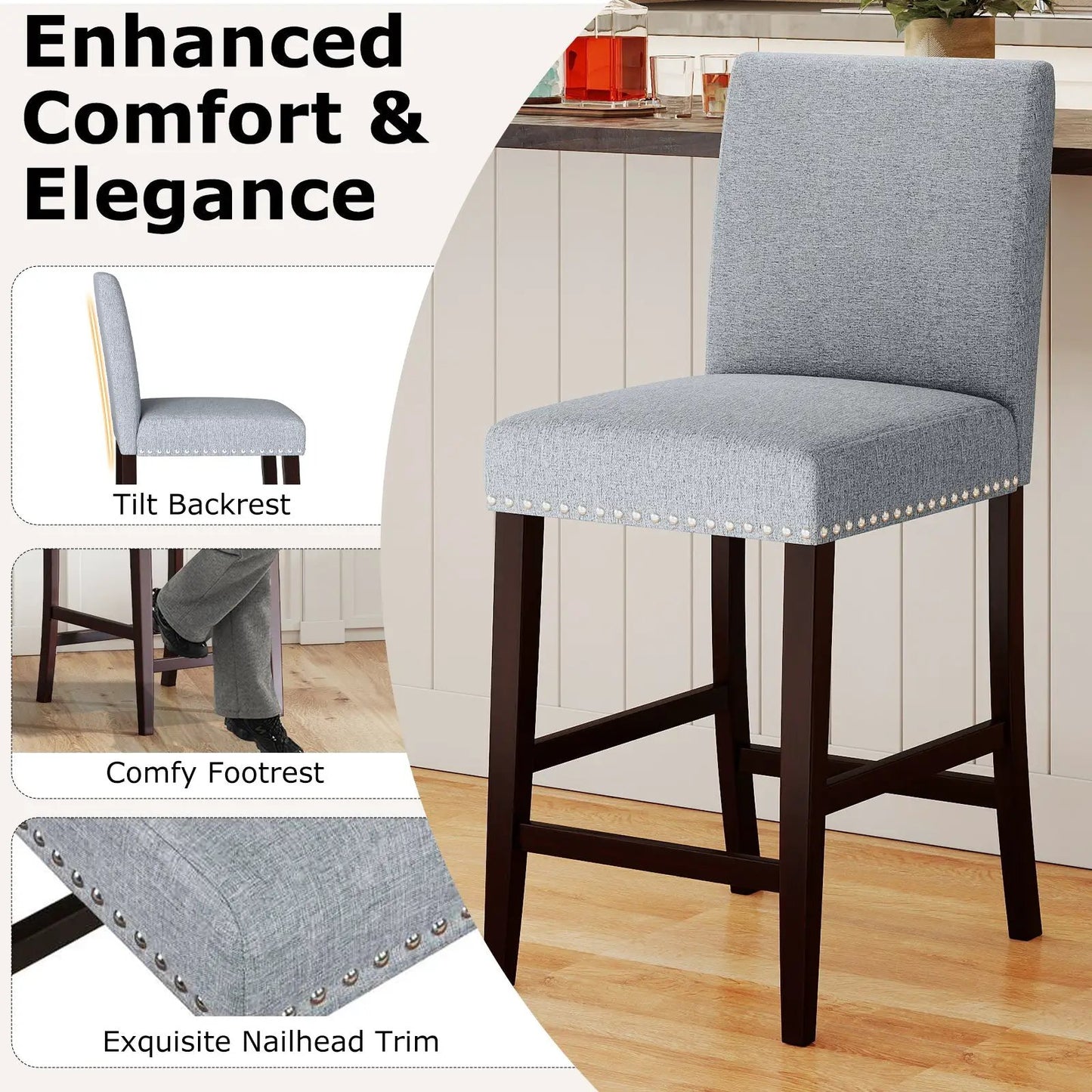 26 in Counter Height Chairs Set of 2, gray padded seats with backrests, nailhead trim, dark wood legs on Tampa Home & Garden Store
