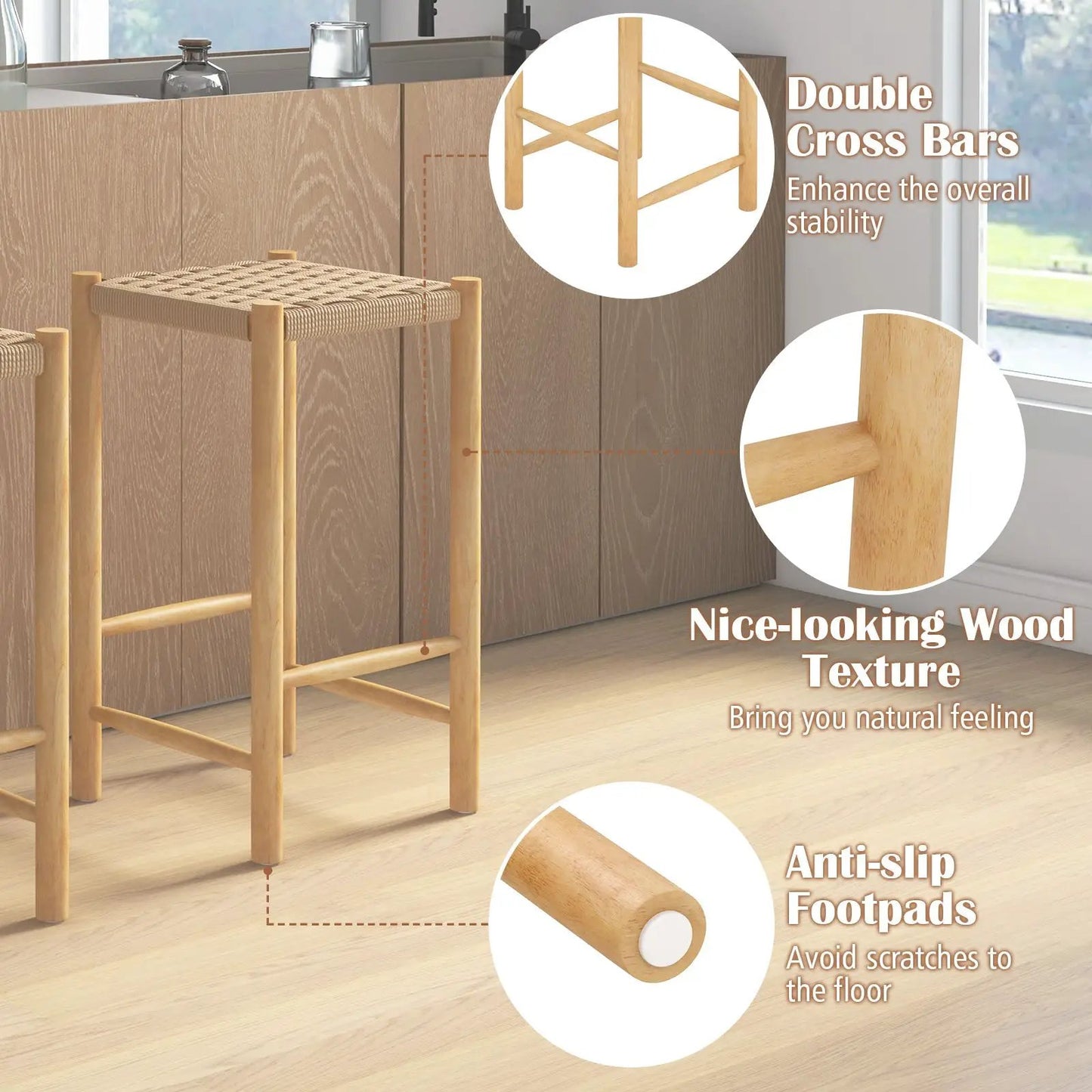 26 Inch Natural Rubber Wood Bar Stool Set of 2 with woven seats on Tampa Home & Garden Store