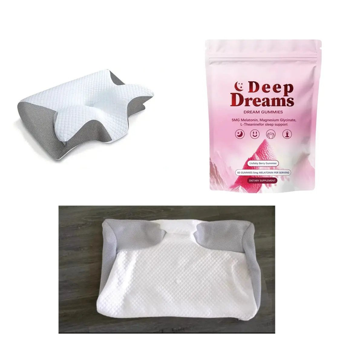 Melatonin Soft Candy 5g gummies FLIPSTYLEZLLC pink packaging beside two white textured pillows on Tampa Home & Garden Store