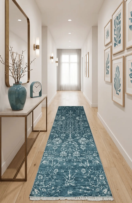 Hand-knotted Persian area rug 2.6x10 in white and blue by The Rug Decor on Tampa Home & Garden Store
