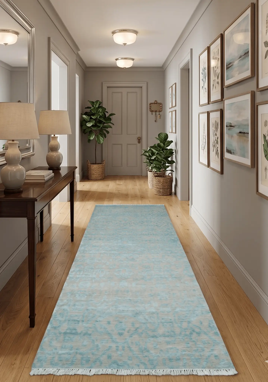 Area Rug 2.6x8 hand-knotted camel and blue Persian rug in a vintage design by The Rug Decor on Tampa Home & Garden Store