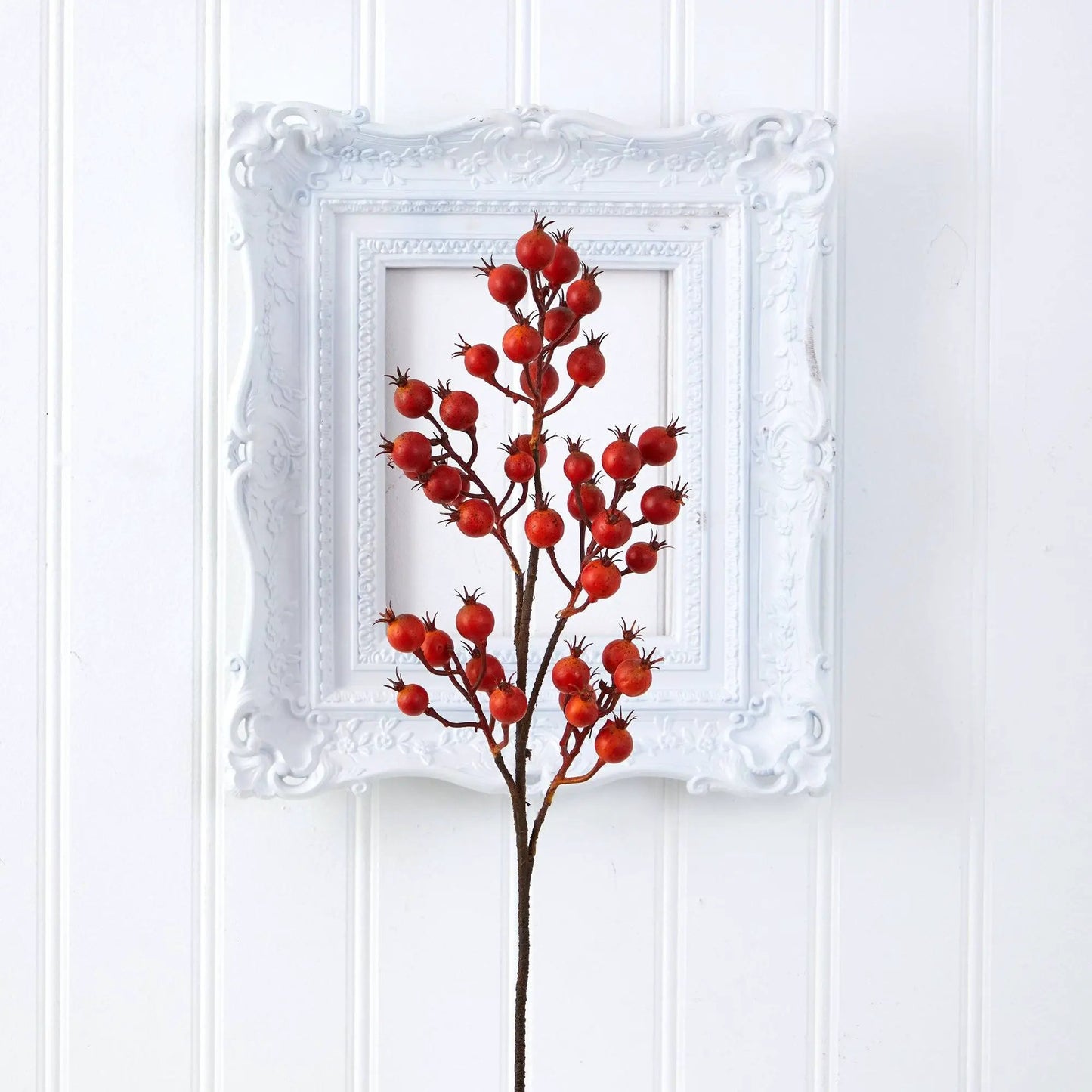 Berry artificial flower stem with red berries on brown branches against white background on Tampa Home & Garden Store