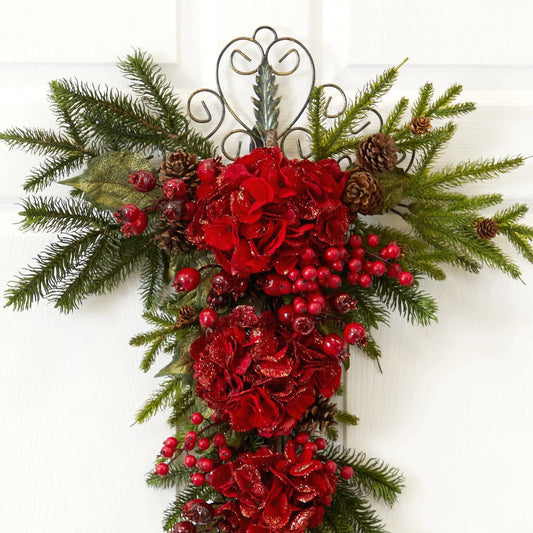 27 Inch Christmas Hydrangea Teardrop artificial arrangement with red hydrangea and berries on Tampa Home & Garden Store