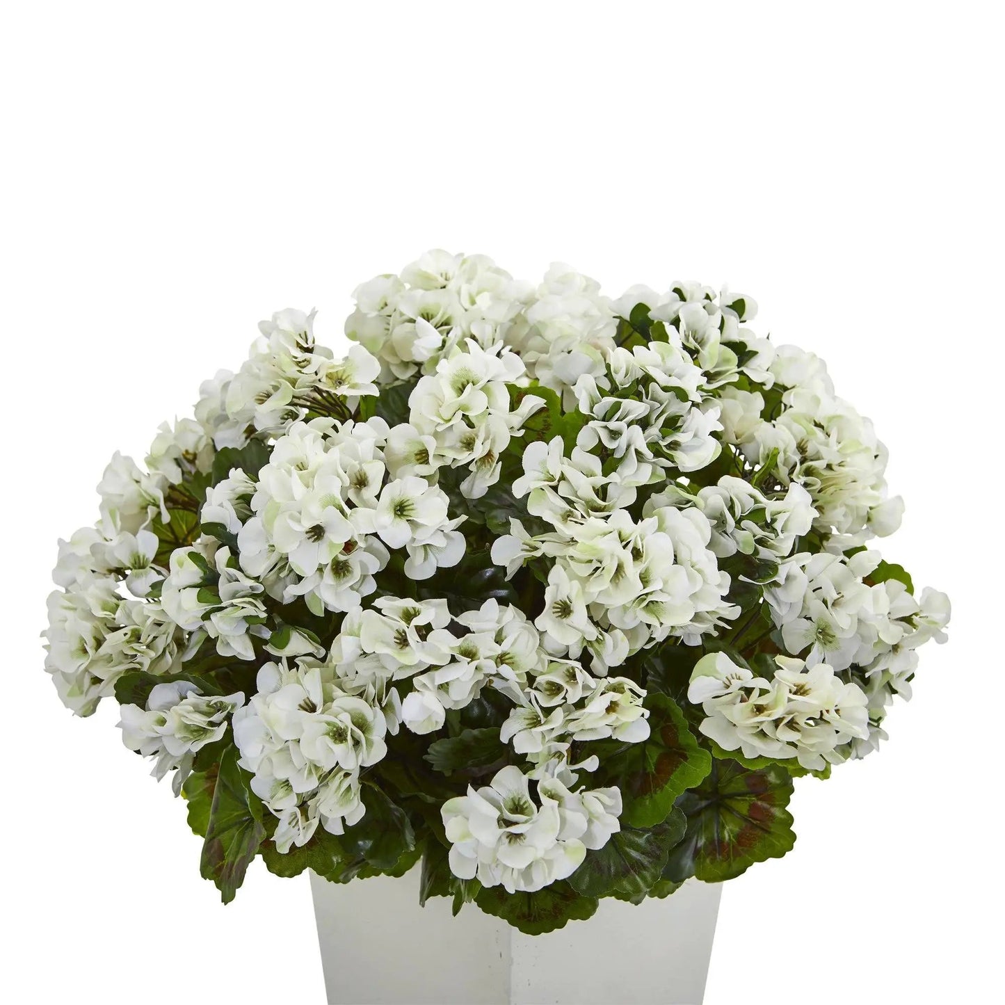 27 inch Nearly Natural artificial geranium plant in white planter with white blooms and green leaves on Tampa Home & Garden Store
