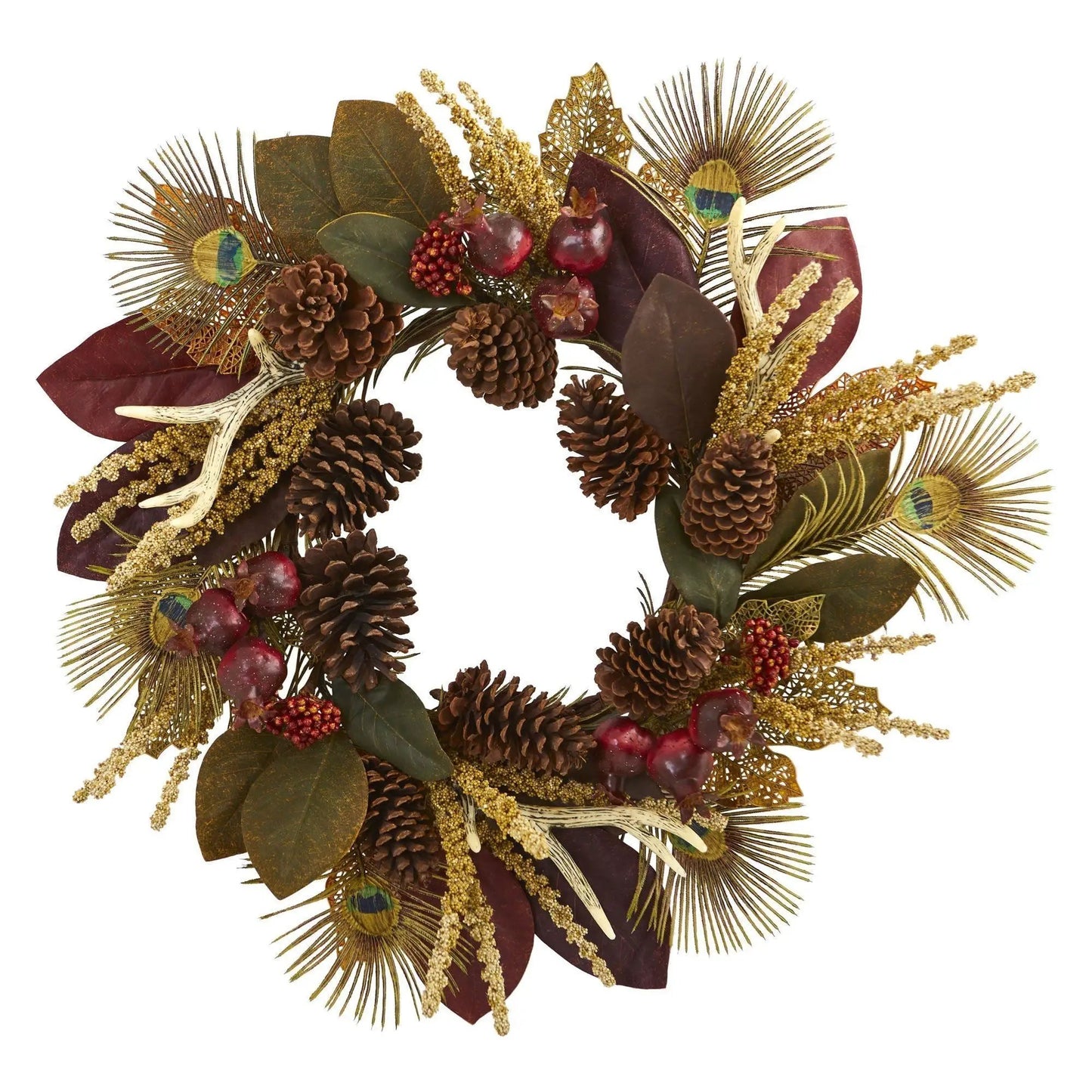 Magnolia Leaf Wreath Berry and Peacock Feathers 27-inch Nearly Natural with pinecones and red berries on Tampa Home & Garden Store