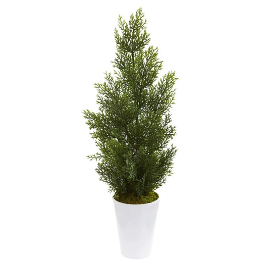 27-Inch Cedar Pine Artificial Tree in White Planter with lush green foliage on Tampa Home & Garden Store