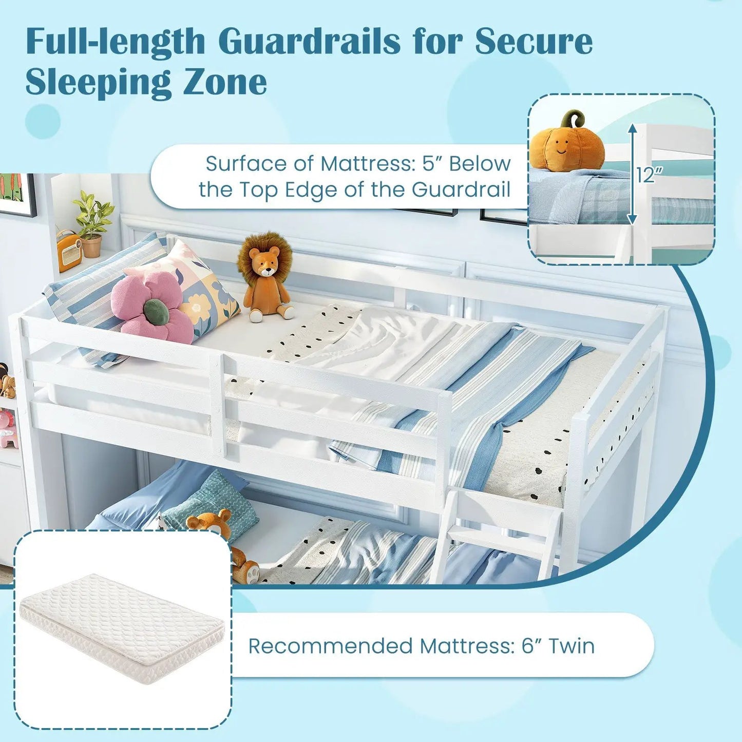 Twin Over Full Bunk Bed Low Floor Frame, DirectDeals, white frame with blue bedding on Tampa Home & Garden Store