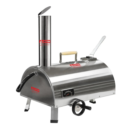 Silver outdoor pizza oven 12-inch rotatable, stainless steel with front thermometer gauge on Tampa Home & Garden Store