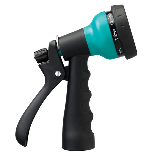 Garden hose nozzle with teal body and black grip and 8-pattern dial for shower angle flat on Tampa Home & Garden Store