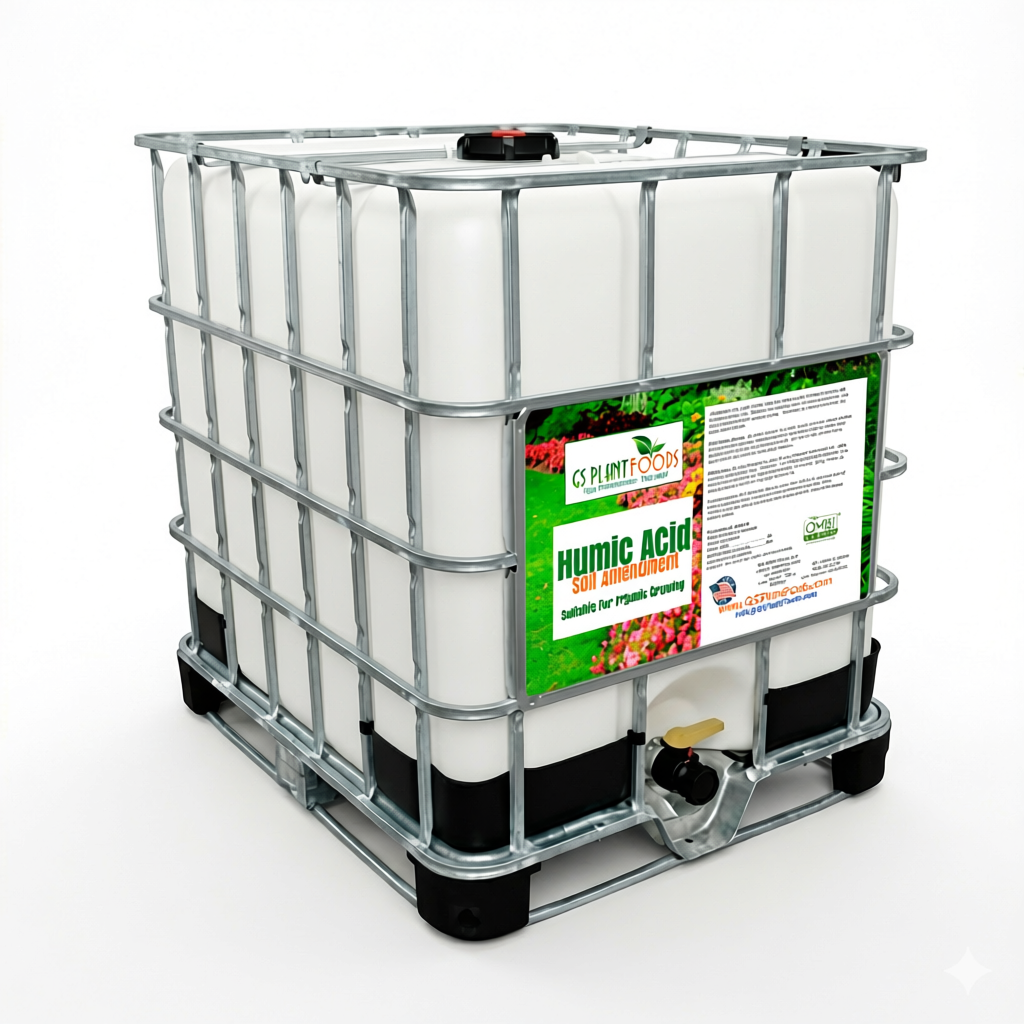 Organic Liquid Humic Acid IBC tote in a galvanized steel cage, GS Plant Foods label on Tampa Home & Garden Store
