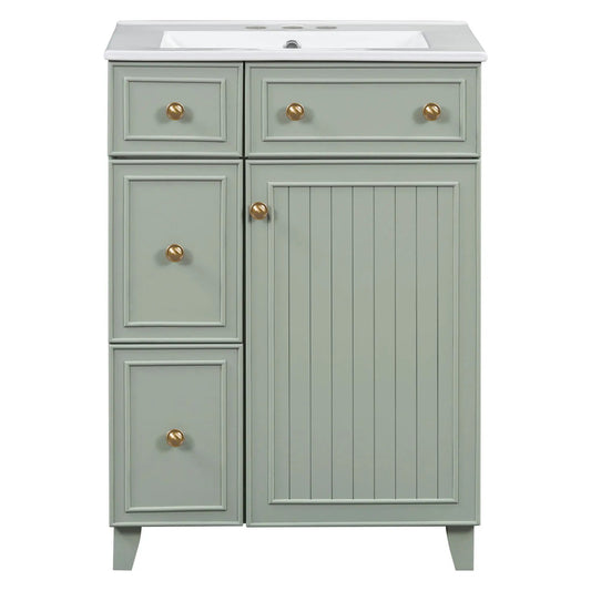 Transitional style bathroom vanity cabinet with ceramic sink in sage gray, brass knobs on Tampa Home & Garden Store