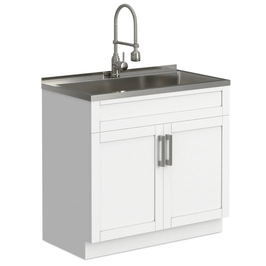 Hennessy deluxe laundry cabinet with faucet and stainless steel sink on white base cabinet on Tampa Home & Garden Store