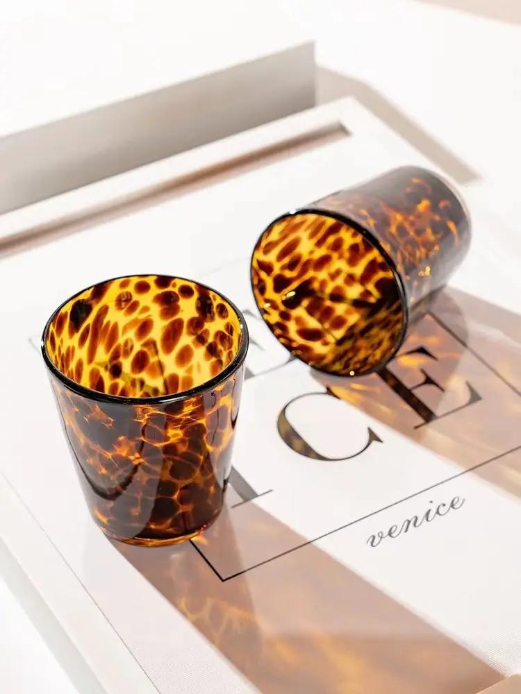 Brown leopard grain glass cup set, two amber leopard-print tumblers for water or tea on Tampa Home & Garden Store