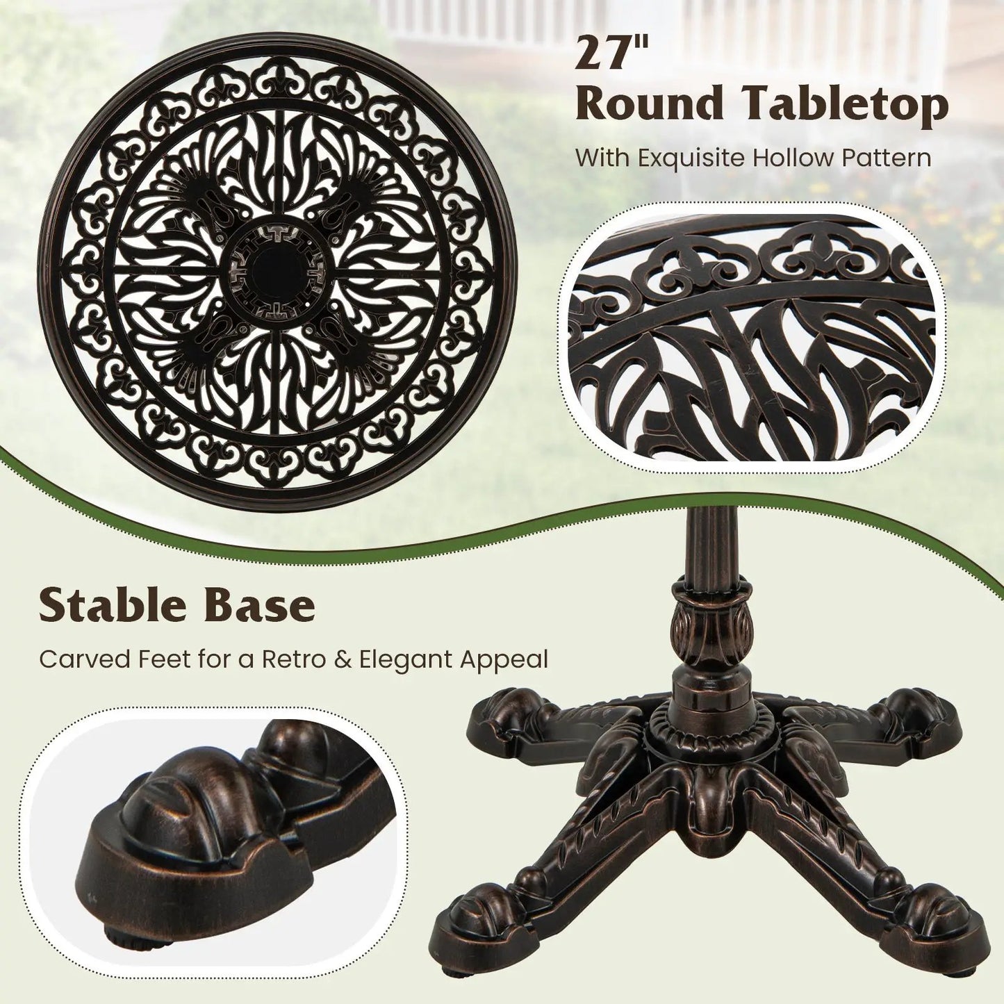 27-Inch cast aluminum patio table hollow top with intricate lattice pattern dark bronze finish on Tampa Home & Garden Store