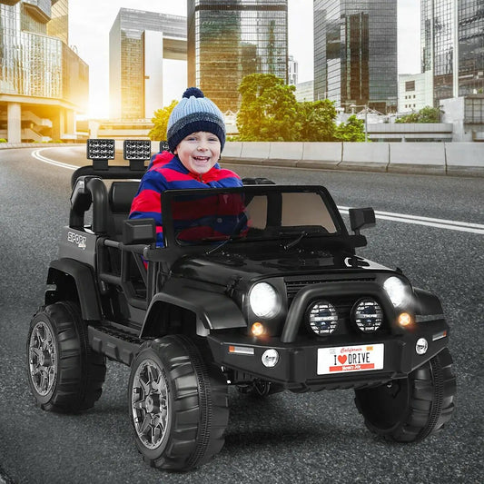 12V 2-Seater black ride-on truck with remote, rugged off-road tires on Tampa Home & Garden Store