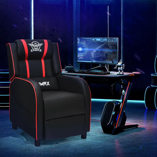 Massage racing gaming single recliner chair by DirectDeals, black with red trim on Tampa Home & Garden Store
