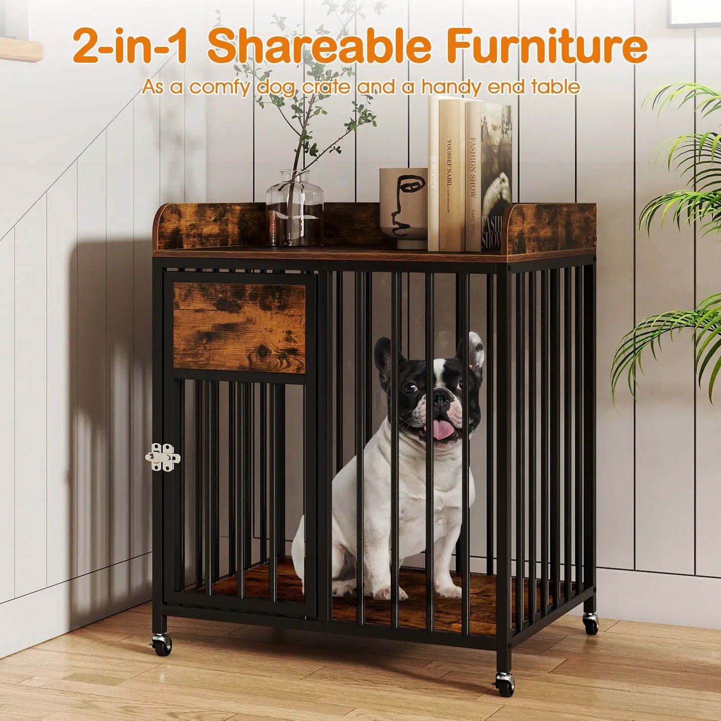 27.5 Inch Black Metal Dog Crate Furniture with Wheels rustic brown wood top DirectDeals on Tampa Home & Garden Store