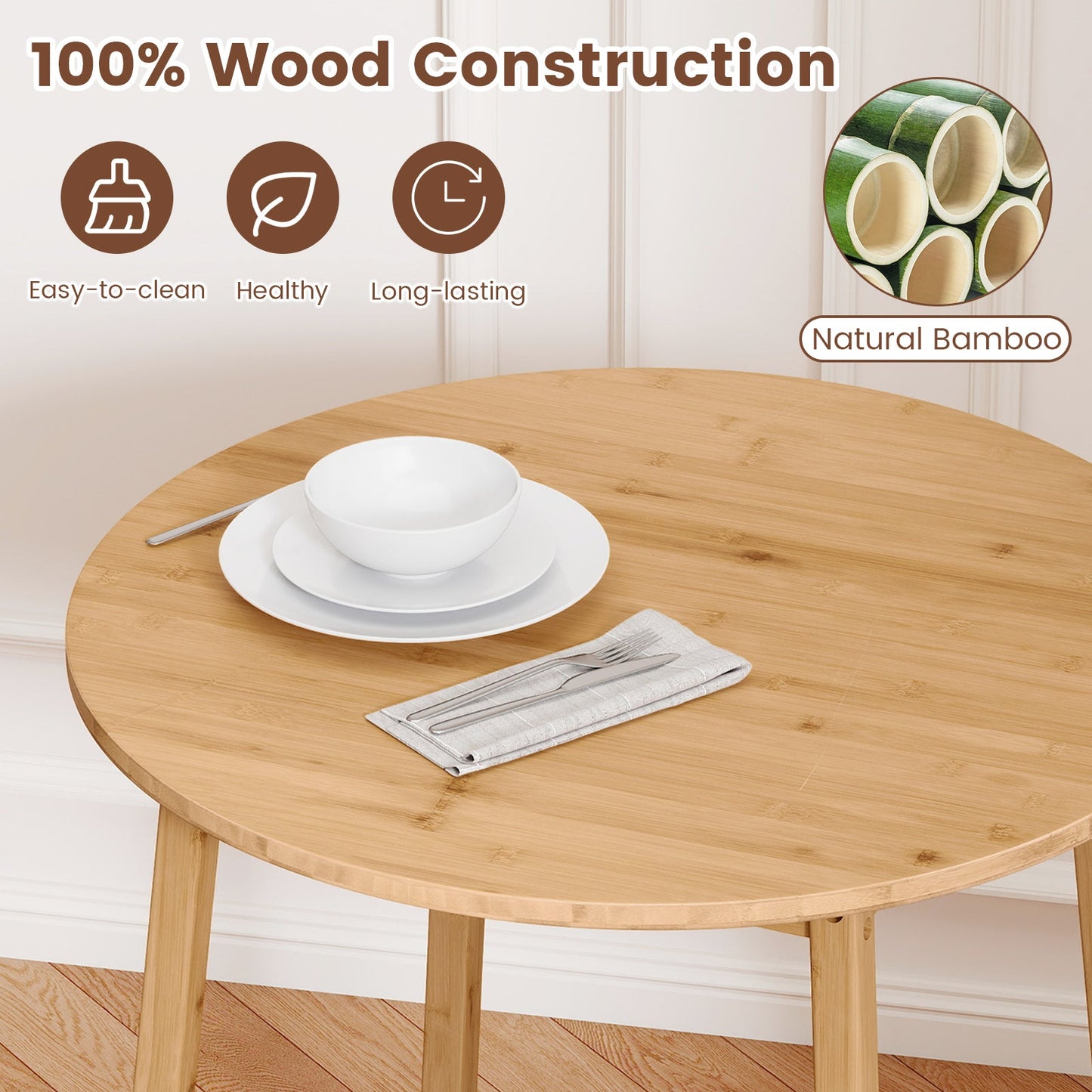 Round Bamboo Dining Table for 2–4 People, natural bamboo finish, DirectDeals bistro table on Tampa Home & Garden Store