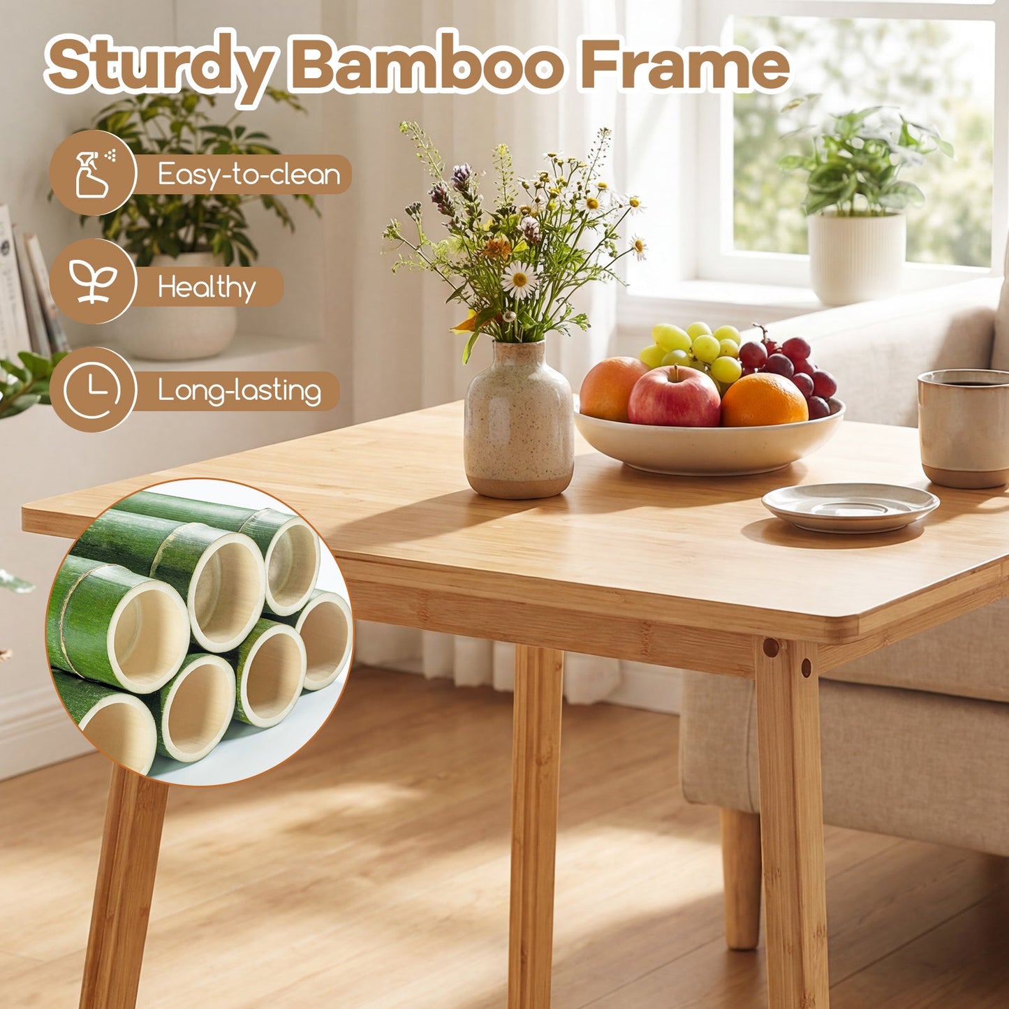 27.5 Inch Square Bamboo Dining Table natural finish with vase and fruit bowl on Tampa Home & Garden Store