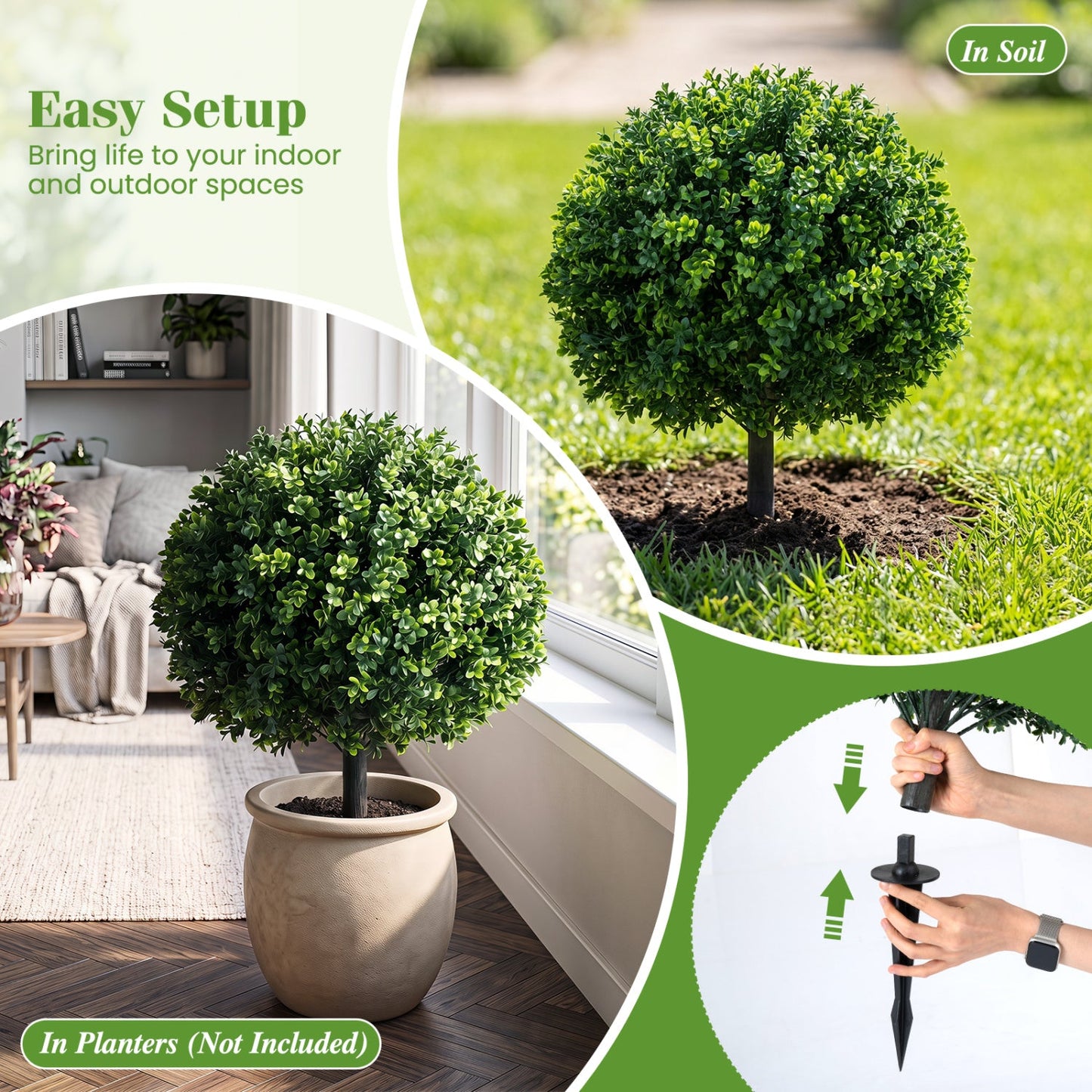 Artificial green Boxwood Topiary Trees 27-inch Set of 2 with Ground Spikes DirectDeals on Tampa Home & Garden Store