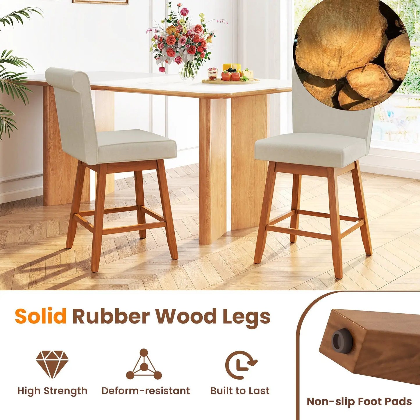 27 Inch Counter Height Bar Chairs with Rubber Wood Legs Set of 2-Beige - Tampa Home & Garden Store