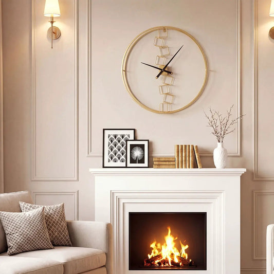 27 Inch Large Wall Clock with gold metal frame and square chain decor above fireplace on Tampa Home & Garden Store