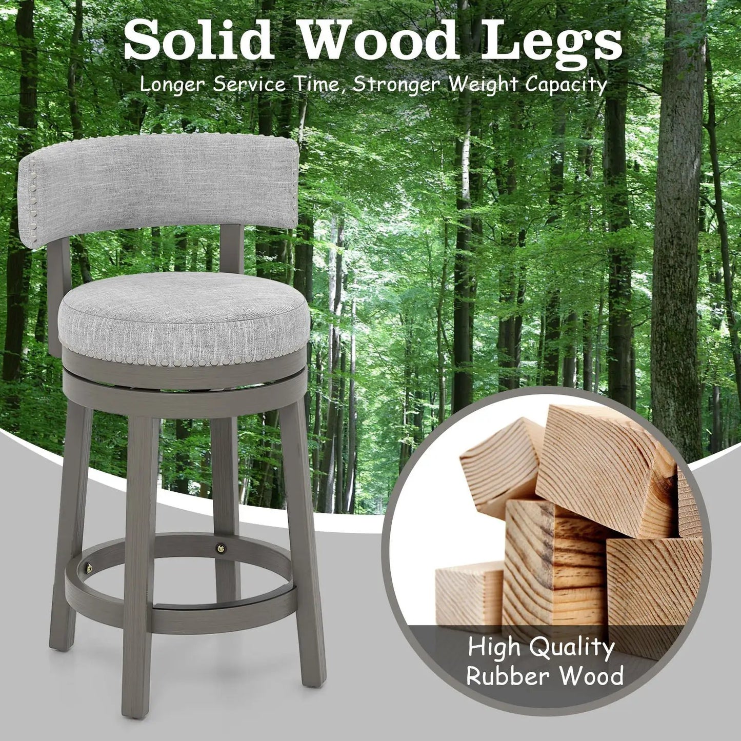 DirectDeals 27/31 Inch Swivel Bar Stool with Upholstered Back, gray fabric seat and footrest on Tampa Home & Garden Store