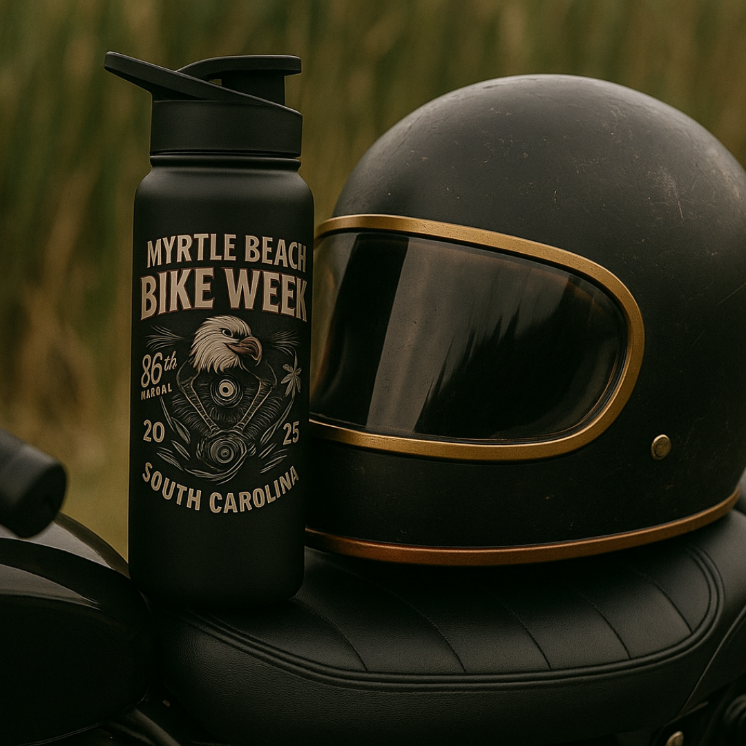 Fuel Up MBBW 2025 stainless steel water bottle by BikerZoneZ matte black with cream graphic on Tampa Home & Garden Store